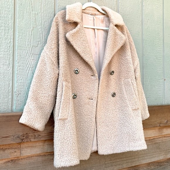 Free People mauve blush pink oversized button down teddy sherpa jacket overcoat - Picture 10 of 16